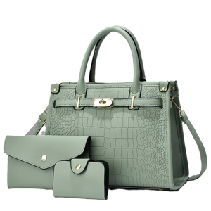 3-in-1 light green crocodile embossed tote bag set with golden hardware and classic lock