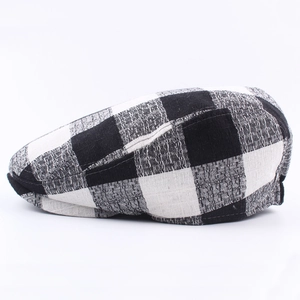 Classic black and white checkered plaid beret hat with textured fabric for outdoor sun protection