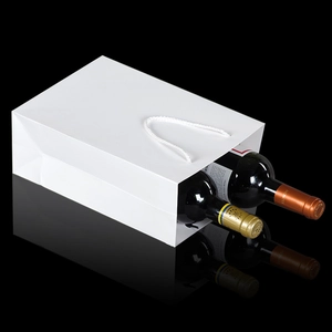 Premium thick white gift paper bag with rope handles for two wine bottles and clear reflection