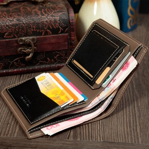 Short bi-fold brown leather wallet for men with multi-card slots and cash compartment