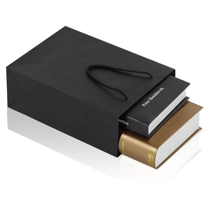 Minimalist black paper gift bag with durable woven handles and reinforced bottom structure