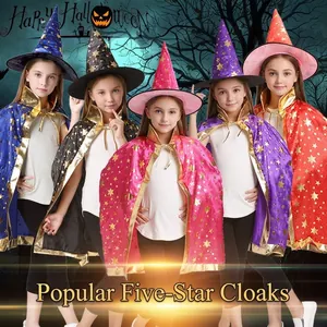 Detail view of colorful Halloween wizard capes and hats with gold star prints in 5 colors