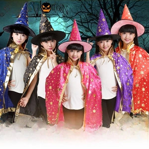 Detail view of colorful Halloween wizard capes and hats with gold star prints in 5 colors