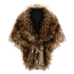 Detailed view of the fluffy brown and black faux fur shawl with a V-shaped collar design