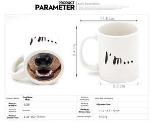 Detailed view of white ceramic dog nose mug with dimensions and measurement markings
