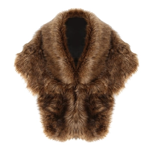 Detail showing the fluffy texture and thick brown faux fur on the shoulder shawl