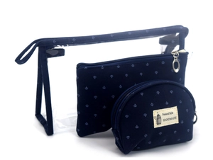 Detail view of 3-piece set featuring transparent PVC tote and navy crown pattern pouches