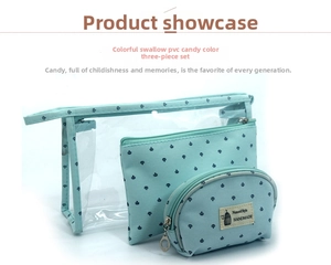 Detailed view of 3-piece mint green toiletry bags with PVC and crown pattern print