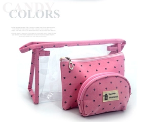 Detailed set of three pink cosmetic travel bags with clear PVC and crown patterns