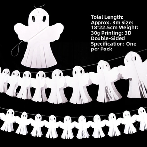 Detail of 3-meter white paper ghost garland with double-sided print for Halloween decor