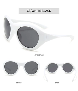 Detailed views of white Y2K sports sunglasses with dark lenses from three angles