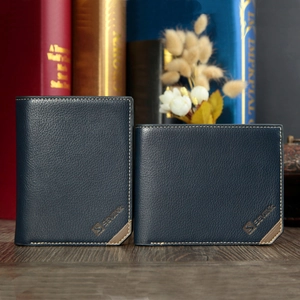 Men's navy leather wallet with lychee pattern texture in vertical and horizontal styles