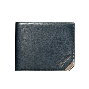 Men's bifold leather wallet in deep blue with lychee texture and contrast trim