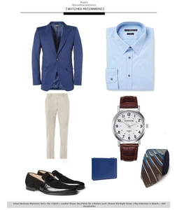 Flat lay of men casual formal outfit including leather strap watch and business accessories