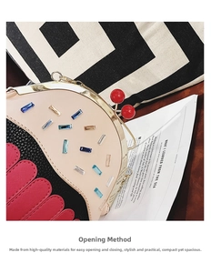 Detail of creative cake-shaped shoulder bag featuring multicolor PU leather and crystals