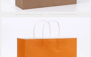 Detail of kraft paper shopping bags in brown and orange with durable twisted handles