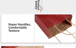 Detail of red kraft paper shopping bag with sturdy paper handles and smooth texture