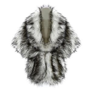 Detail of soft white faux fur shawl with black tips and realistic fluffy texture