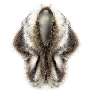 Detailed texture of a plush faux fur shawl wrap in multi-tone brown and white