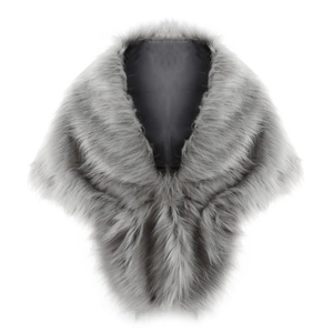 Close-up of plush grey faux fur shawl showing thick texture and dark inner lining