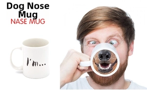 Detailed view of white ceramic dog nose mug with artistic text and model demonstration