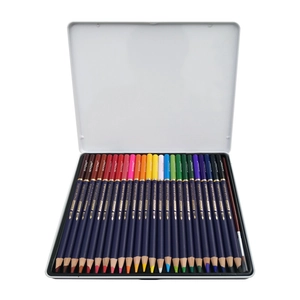 Vista detallada de los lápices acuarelables NYONI en una caja metálica blanca de arte