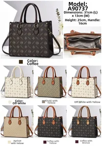 Close-up of monogram tote bag interior compartments and seven color options