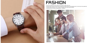 Men's quartz watch featuring a large white dial, silver case, and brown leather strap