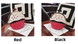 Detail of red and black cupcake crossbody bags with crystals and gold chain straps