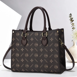 Women Tote Bag High Capacity PU Leather Monogram Print Handbag Detachable Strap Crossbody Daily Fashion Office Commuter