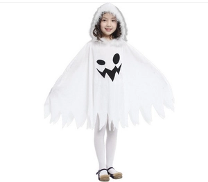 Kids white ghost hooded cloak costume, cute spooky facial print, soft cozy festival wear detail.