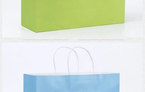 Detail of light blue and grass green paper shopping bags with white twisted rope handles