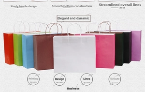 Collection of colorful kraft paper shopping bags with twisted rope handles for retail use