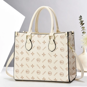 Chic cream white large capacity tote bag with OUMIFEI logo pattern and crossbody strap
