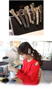 Detail of rhinestone hair clips and model wearing long metal duckbill hairpins
