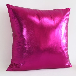 Minimalist square throw pillow cover in metallic pink faux leather with a reflective finish