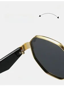 Macro shot of durable metal hinges on polygon sunglasses with sleek gold frame
