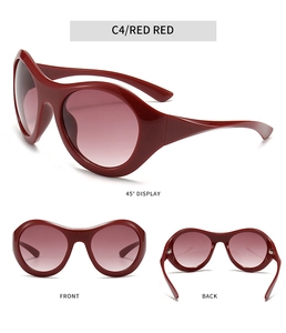 Three-view display of wine red oversized Y2K sunglasses with thick frames and gradient lenses