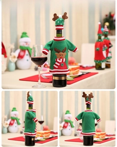 Detailed embroidery of Reindeer Christmas wine bottle cover with red striped accents