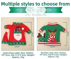 Detail view of knitted Christmas wine bottle covers in Santa and reindeer styles with sizes