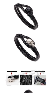 Detail of 6mm braided leather bracelet featuring skull alloy clasps and handmade texture