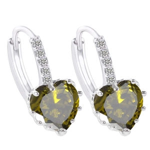Elegant silver heart earrings with olive green crystal drop and sparkling zircon accents