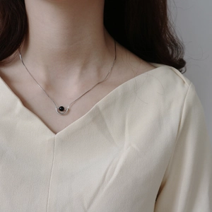 925 Sterling Silver Necklace Minimalist Black Agate Round Bead Geometric U-Shape Pendant Jewelry For Women