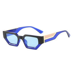 Fashionable small frame geometric sunglasses with blue-black frame and light blue lenses