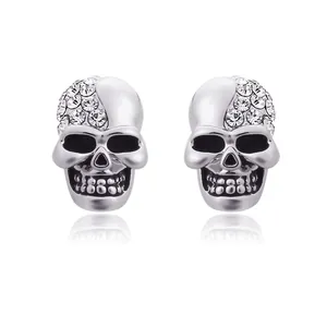 Vintage Gothic Skull Stud Earrings Alloy Rhinestone Inlaid Punk Style Skull Earrings For Halloween Party Unisex Jewelry