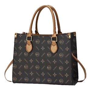Elegant black and bronze OUMIFEI tote bag with monogram pattern and gold hardware