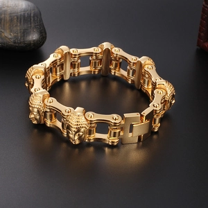 Polished gold stainless steel men's bike chain bracelet with Buddha head design