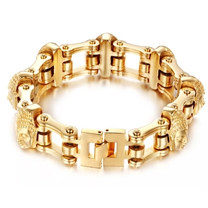 Gold stainless steel men's bike chain bracelet featuring Buddha head relief details