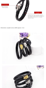 Detail of woven leather bracelets featuring skull charms in black, gold, and silver finishes