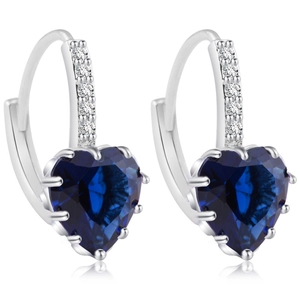Elegant heart-shaped blue sapphire drop earrings with silver settings and white zircon accents